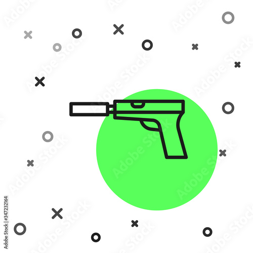 Black line Pistol or gun with silencer icon isolated on white background.  Vector Illustration