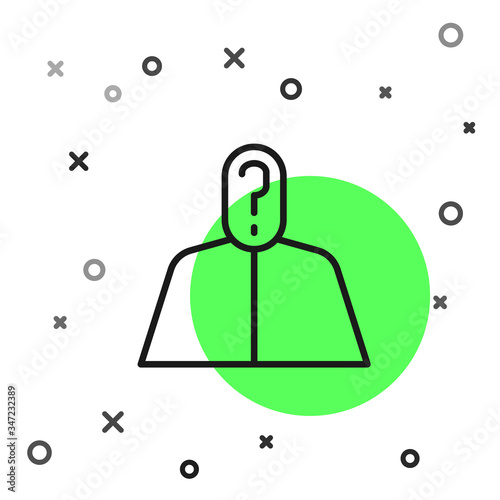Black line Anonymous man with question mark icon isolated on white background. Unknown user, incognito profile, business secrecy, obscurity.  Vector Illustration