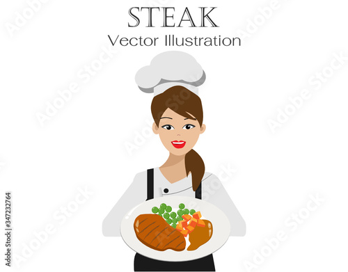 Young beautiful chef woman in cook uniform with smiling face proudly presenting her cooking, grilled pork/beef steak. Isolated on white background. Vector Illustration.