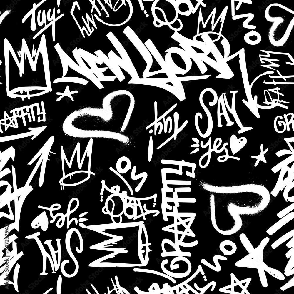 Vector graffity tags seamless pattern on black background.