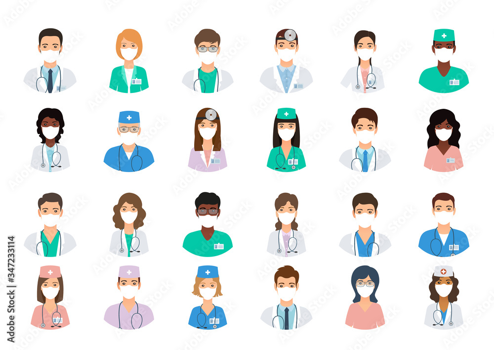 Doctors and nurses avatars in medical masks. Set of medicine employee faces. Group men and women portfolio avatars isolated on white background. Vector illustration. Healthcare concept. Hospital staff