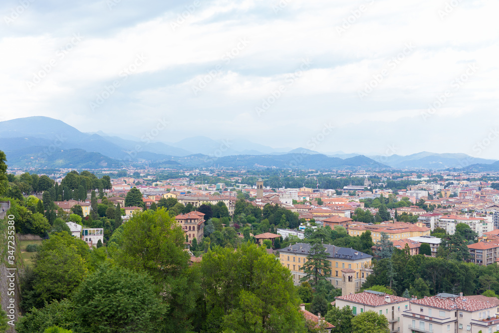 Summer European city skyline. Top down city view. Italian city landscape. View of Bergamo city. Italy.