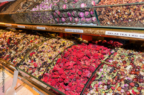 Assorted tea and spices specialties in Istanbul Turkey, Grand Bazaar photo