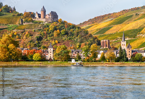 View of village Bacharach on the banks of the Rhine in autumn, Rhine Valley, Rhineland-Palatinate, Germany.