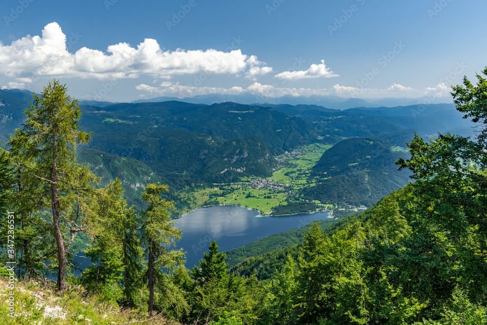Panorama fo Bohinj lake in summer, view from Vogel, Julian Alpe, Slovenia