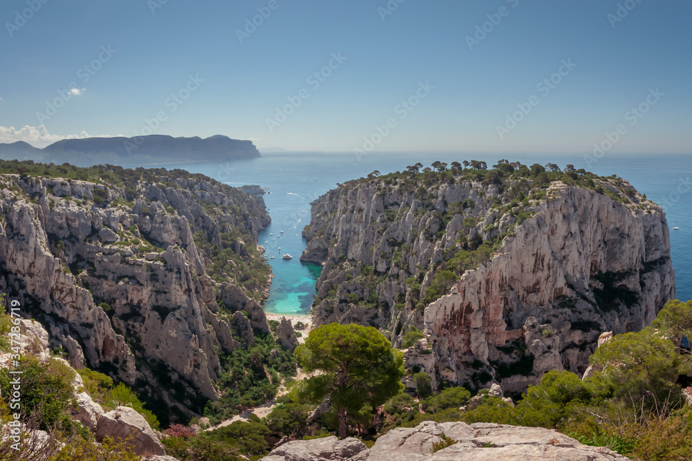 View overhanging the calanque of En-Vau from the hills, panorama of the calanques of Marseille.
