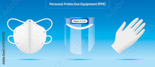 Personal protection equipment kit. Plastic face shield, face mask and latex gloves vector illustration. Medical workers garments isolated on blue background. Novel corona virus protective accessories.