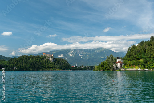 Bled lake with Bled castle and mountains on the background, Slovenia