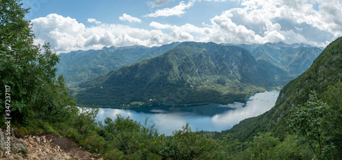 Panorama fo Bohinj lake from Vogar in the evening during summer, Slovenia