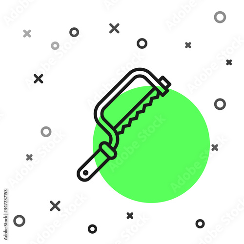 Black line Hacksaw icon isolated on white background. Metal saw for wood and metal.  Vector Illustration