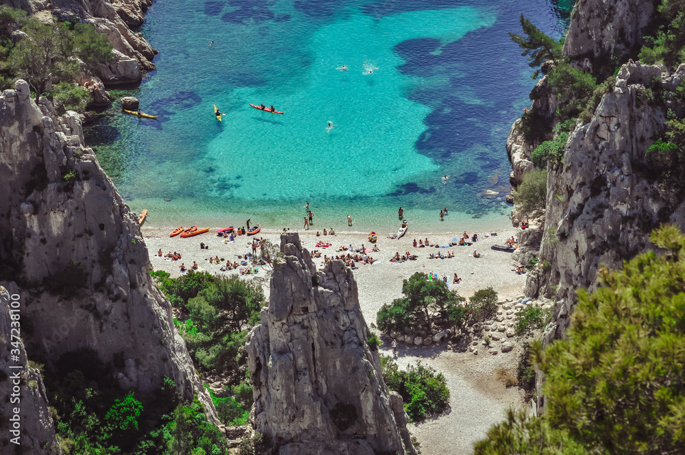 Fototapeta premium View overhanging the calanque of En-Vau from the hills with beach, panorama of the calanques of Marseille.
