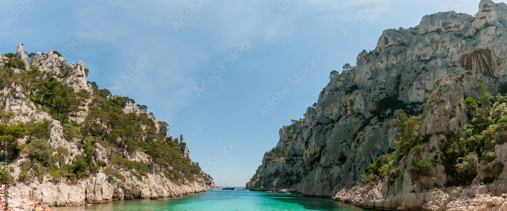 View from the beach of the Calanque d'En-Vau, panorama of the Calanques of Marseille.
