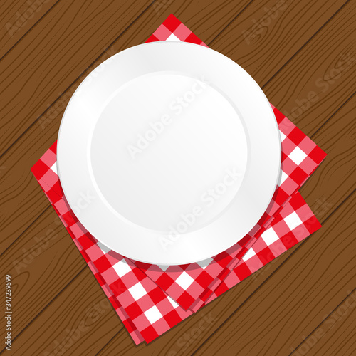 White plate and
checkered tablecloth on brown wood