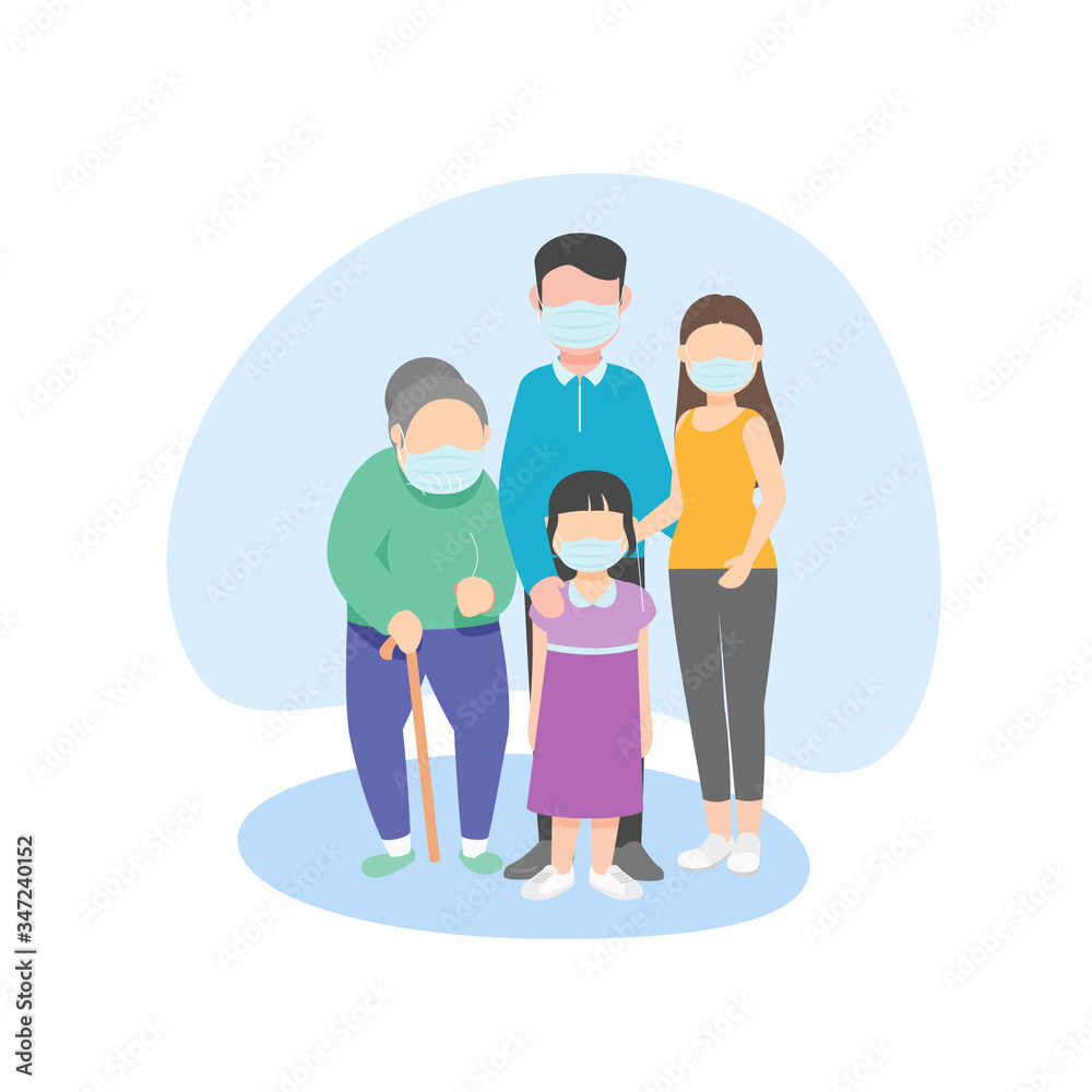 family wearing medical mask,protecting them from virus COVID-19,quarantine. Vector illustration family wearing medical mask,protecting them from virus COVID-19,quarantine. Vector illustration