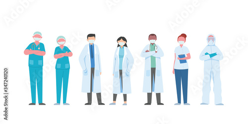 doctors and nurses characters on white background  Medical team isolated vector illustration.