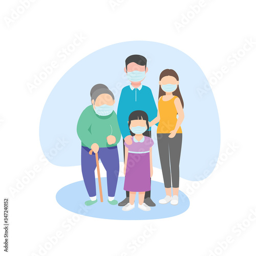family wearing medical mask,protecting them from virus COVID-19,quarantine. Vector illustration