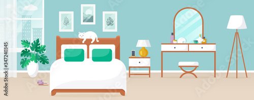 Bedroom with double bed and dressing table. Vector interior.