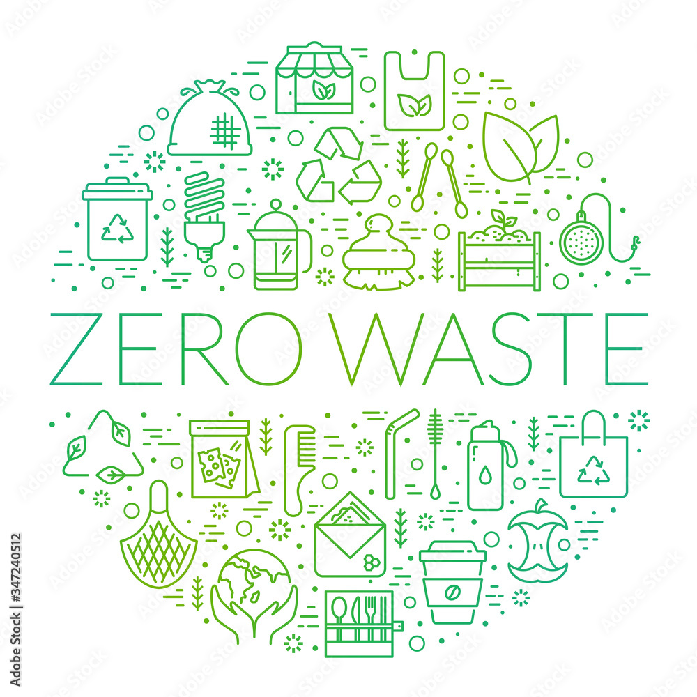 Zero waste banner with circle shape made of line icons. Zero waste banner with circle shape made of line icons.