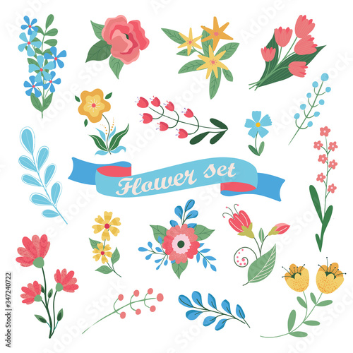 Set of flat Spring and Summer flowers in silhouette isolated on white background. Cute illustrations in bright colors for stickers  labels  tags  scrapbooking.