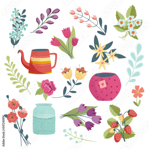 Set of Spring and Summer flowers in silhouette with different flowers and flowerpots isolated on white background. Cute illustrations in bright colors for stickers, labels, tags, scrapbooking.