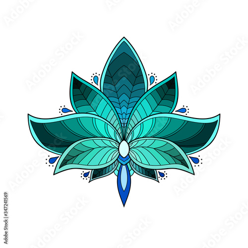 Decorative mandala lotus flower with green, blue, turquoise decor on white isolated background. Suitable for invitation, greeting, card, poster.