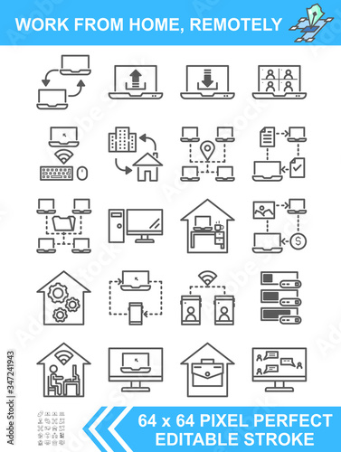 Working from home via IT equipment such as computers, smartphones, and laptops remotely. Vector illustration flat design. Editable stroke. 64 x 64 pixel perfect.