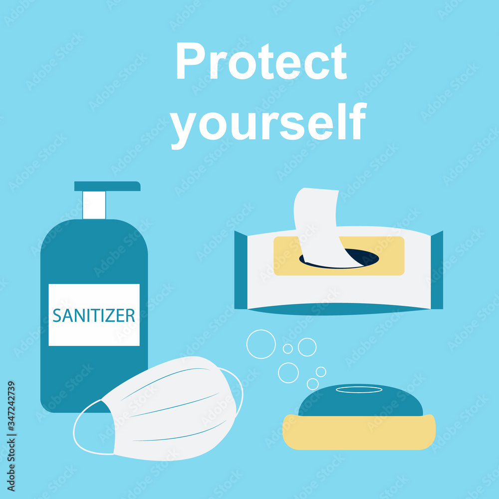 Vector virus protection set. Medical mask, hand antiseptic, sanitizer, soap, antibacterial wet wipes