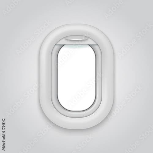 Aircraft window. Airplane realictic vector open illuminator. Plane porthole mockup, white airline vole