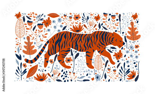 Striped Tiger Prowling Around Rainforest Among Foliage Vector Illustration