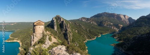 Pertusa hermitage in the top of a cliff, Lleida, Catalonia, Spain