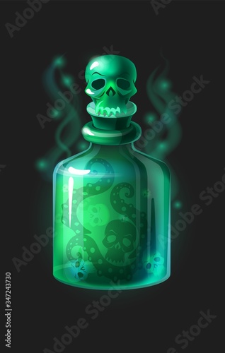 Magic poison potion. Cartoon game interface element. Vector illustration magical laboratory ingredients in bottle for poisoning