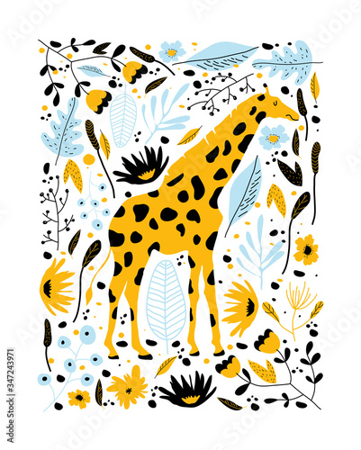Spotted Giraffe with Long Neck Among Rainforest Flora Vector Illustration