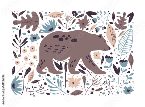 Fototapeta Naklejka Na Ścianę i Meble -  Rectangular Floral Poster with Bear Striding in Forest Vector Illustration