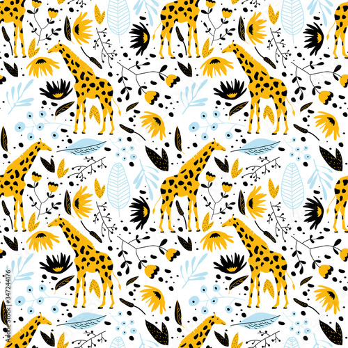 Giraffe with Long Neck and Rainforest Foliage Vector Seamless Pattern