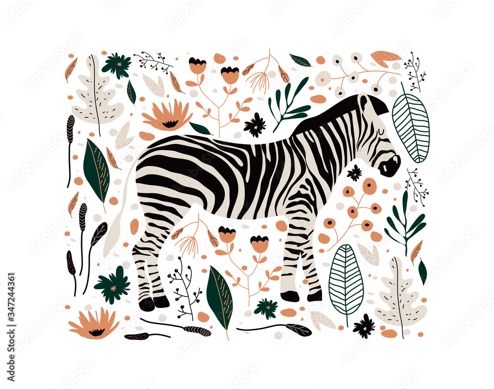 Obraz premium Zebra Standing in Foliage Framed Floral Vector Poster