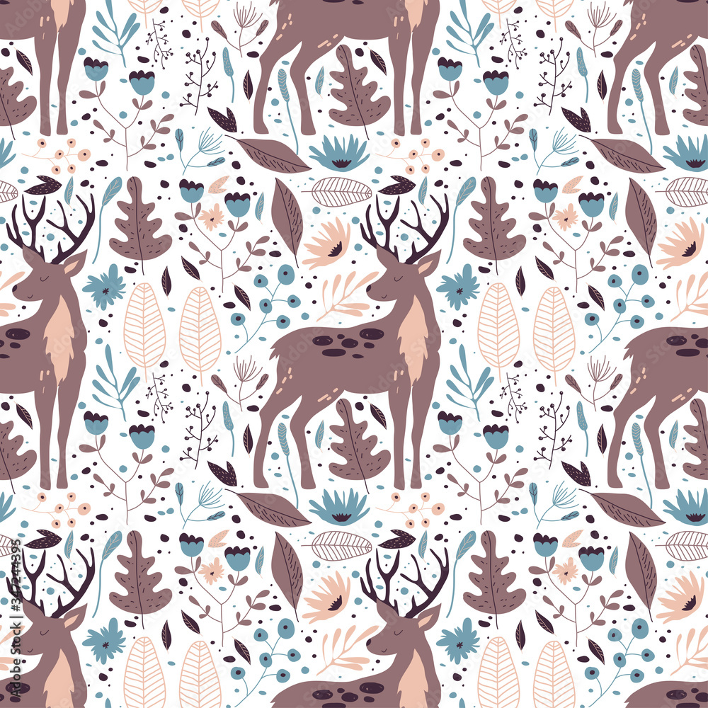 Floral Seamless Pattern with Horned Deer Animal in Vector