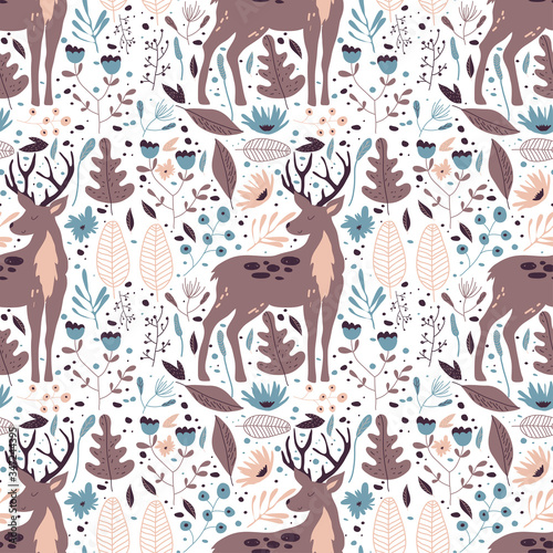 Floral Seamless Pattern with Horned Deer Animal in Vector © Анна Якунина