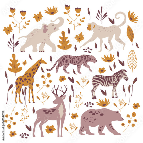 African Stylized Animals Standing Among Jungle Plants and Foliage Vector Set