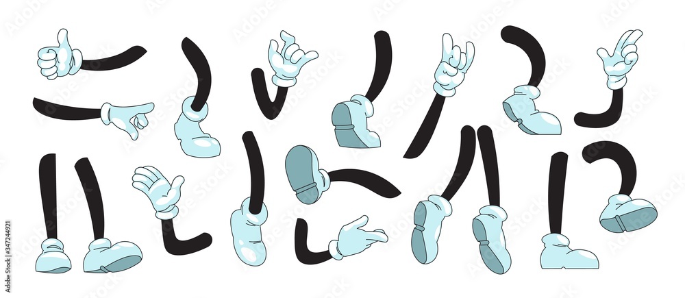 Cartoon arms and legs. Mascot doodle hands in white gloves showing gestures and feet in boots kicking running and standing. Vector illustration sketch comic collection Cartoon arms and legs. Mascot doodle hands in white gloves showing gestures and feet in boots kicking running and standing. Vector illustration sketch comic collection