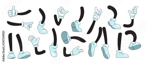 Cartoon arms and legs. Mascot doodle hands in white gloves showing gestures and feet in boots kicking running and standing. Vector illustration sketch comic collection photo