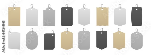 Tag mockup. Realistic price labels and gift box cardboard tags, blank white gray and kraft carton sale stickers on strings. Vector isolated illustration set paper label with rope photo