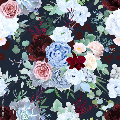 Seamless vector design pattern of dusty blue garden rose, white anemone