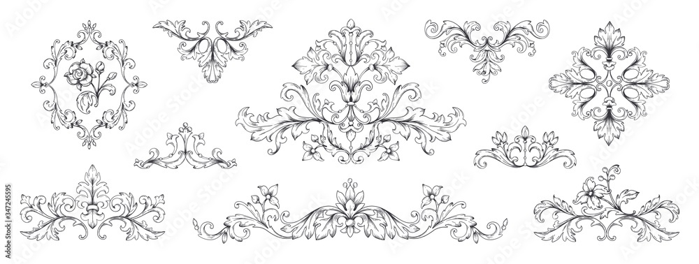 Floral baroque ornaments. Vintage Victorian frame decorative elements, swirl heraldic engraved with leaves and flowers. Vector retro ornamentals illustration set for designs