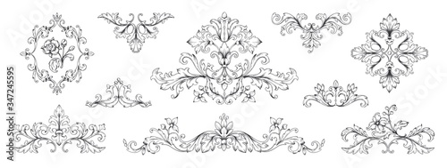 Floral baroque ornaments. Vintage Victorian frame decorative elements, swirl heraldic engraved with leaves and flowers. Vector retro ornamentals illustration set for designs
