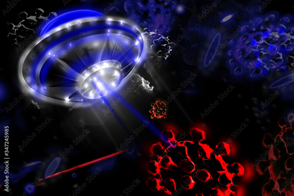 Obraz premium UFO and coronavirus. Concept of Covid-19 global outbreak or panspermia theory. 3D render illustration.