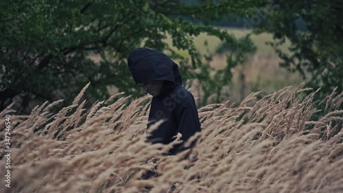 Dark ghost in black cloak with hood among nature. Wheat field and scary witch walks and looks on camera. Horror and Halloween concept. photo
