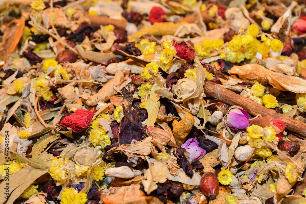 Assorted tea and spices specialties in Istanbul Turkey, Grand Bazaar Assorted tea and spices specialties in Istanbul Turkey, Grand Bazaar