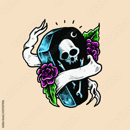 Coffin mourning flowers vector Illustration