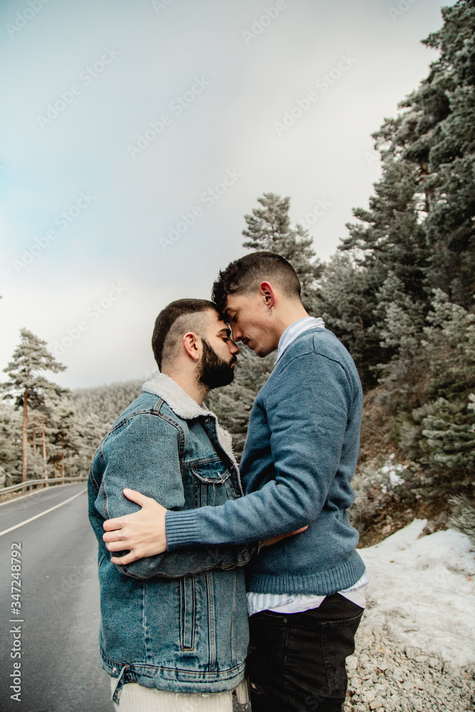 Gay couple in love on a mountain road