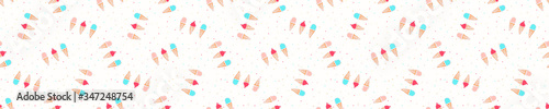 Icecream confetti dotty border texture seamless background. Tiny colored ice waffle cones ribbon trim banner.. Modern cute falling speckle pattern. Japanese kawaii minimal digital party washi paper.
